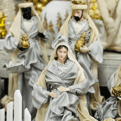 Presépio Natalino Plus Grande Azul e Bege de Resina 40cm 6 Peças