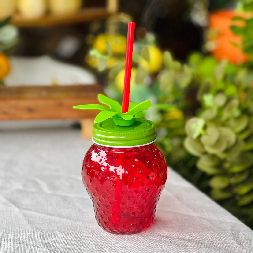 Copo com Canudo Morango Vidro - 480ml