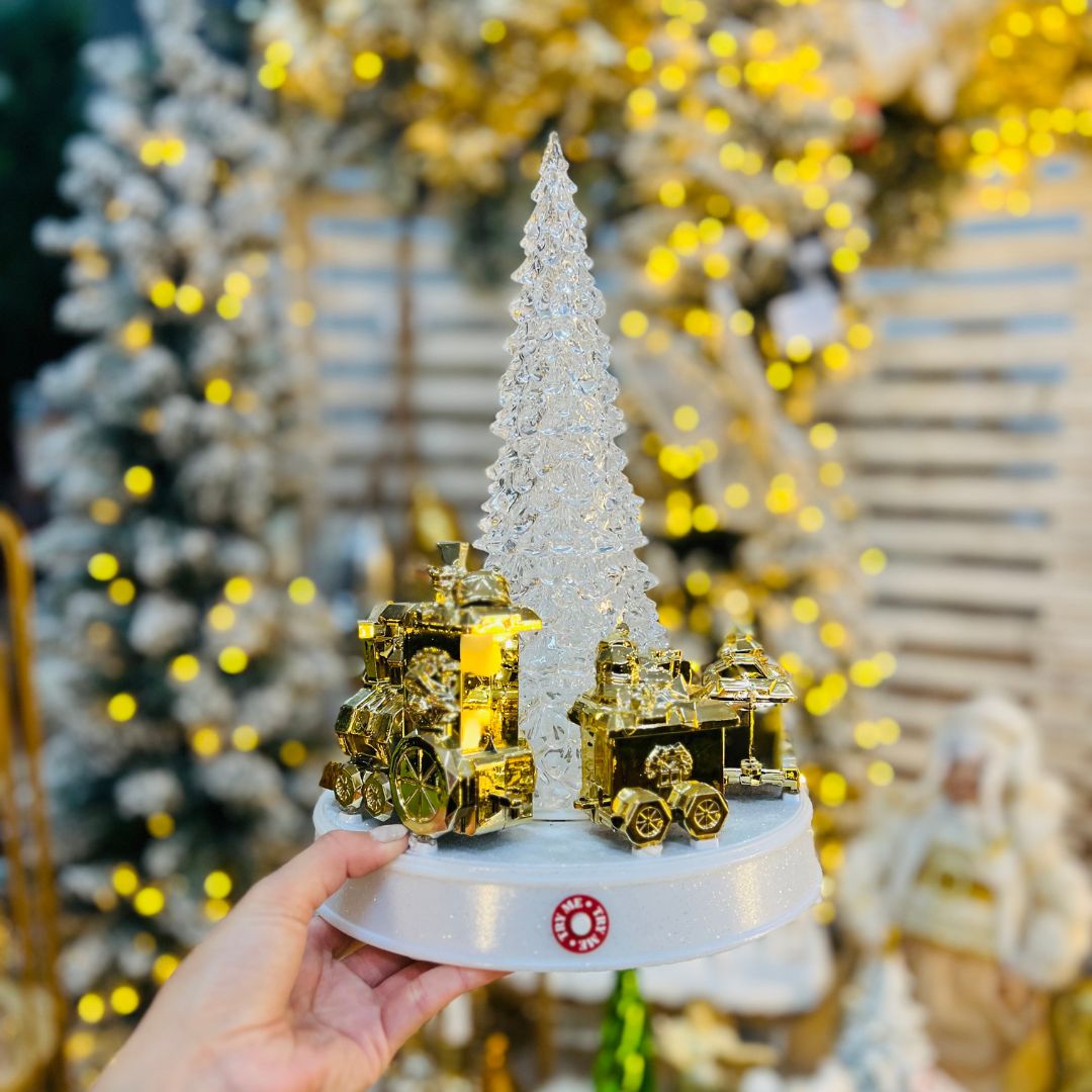 Árvore Rotativa Com Trem - Led, Som e Movimento Dourado- 32cm