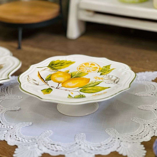 Prato Para Bolo Com Pé Toscana Branco Limão Siciliano - 22cm