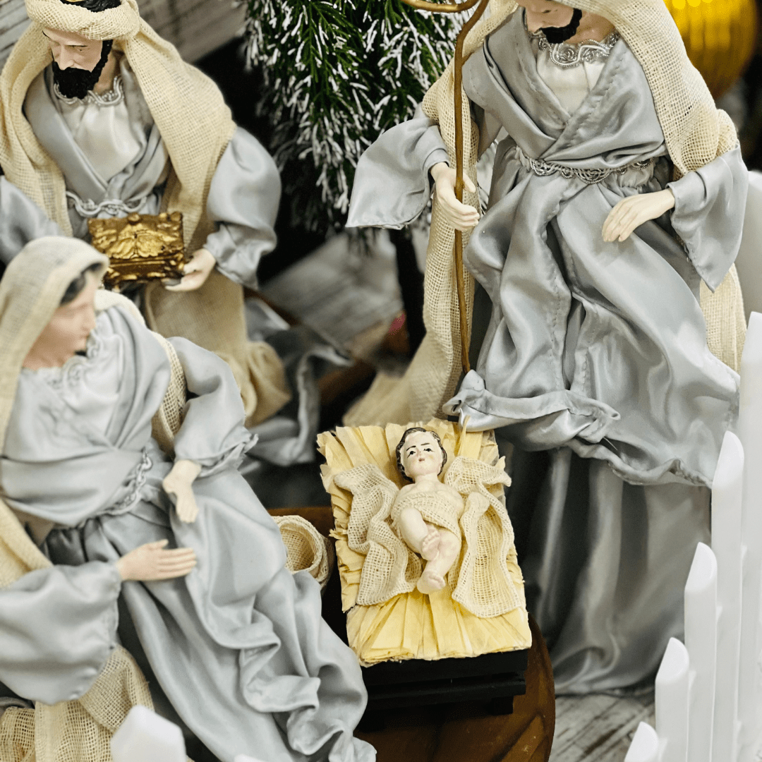 Presépio Natalino Plus Grande Azul e Bege de Resina 40cm 6 Peças