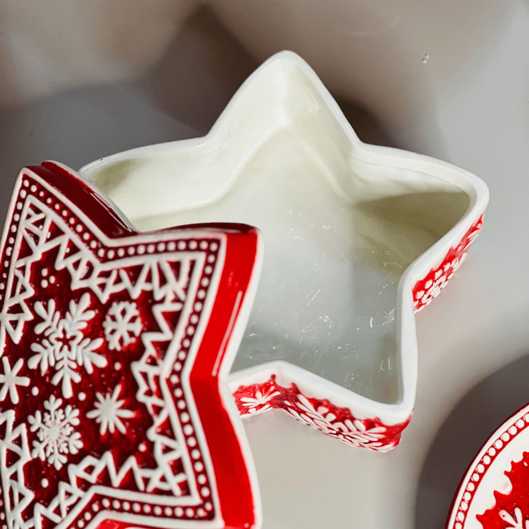 Pote Natalino Estrela Vermelho e Branco de Cerâmica 20x20x9cm