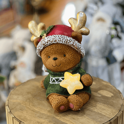 Urso Touca de Rena Natalino de Cerâmica Com Led 35cm