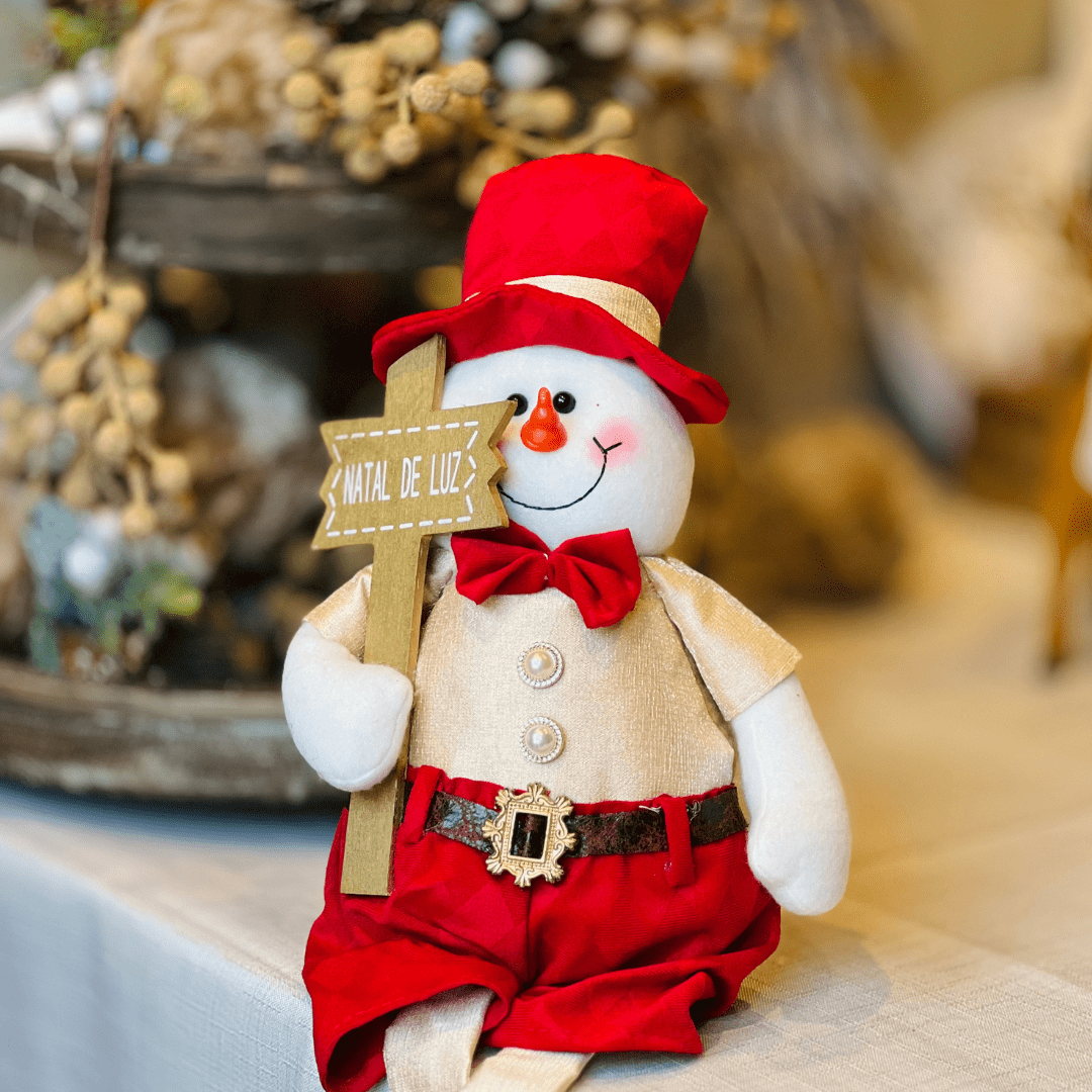 Boneco de Neve Natalino Sentado Vermelho e Dourado 54cm