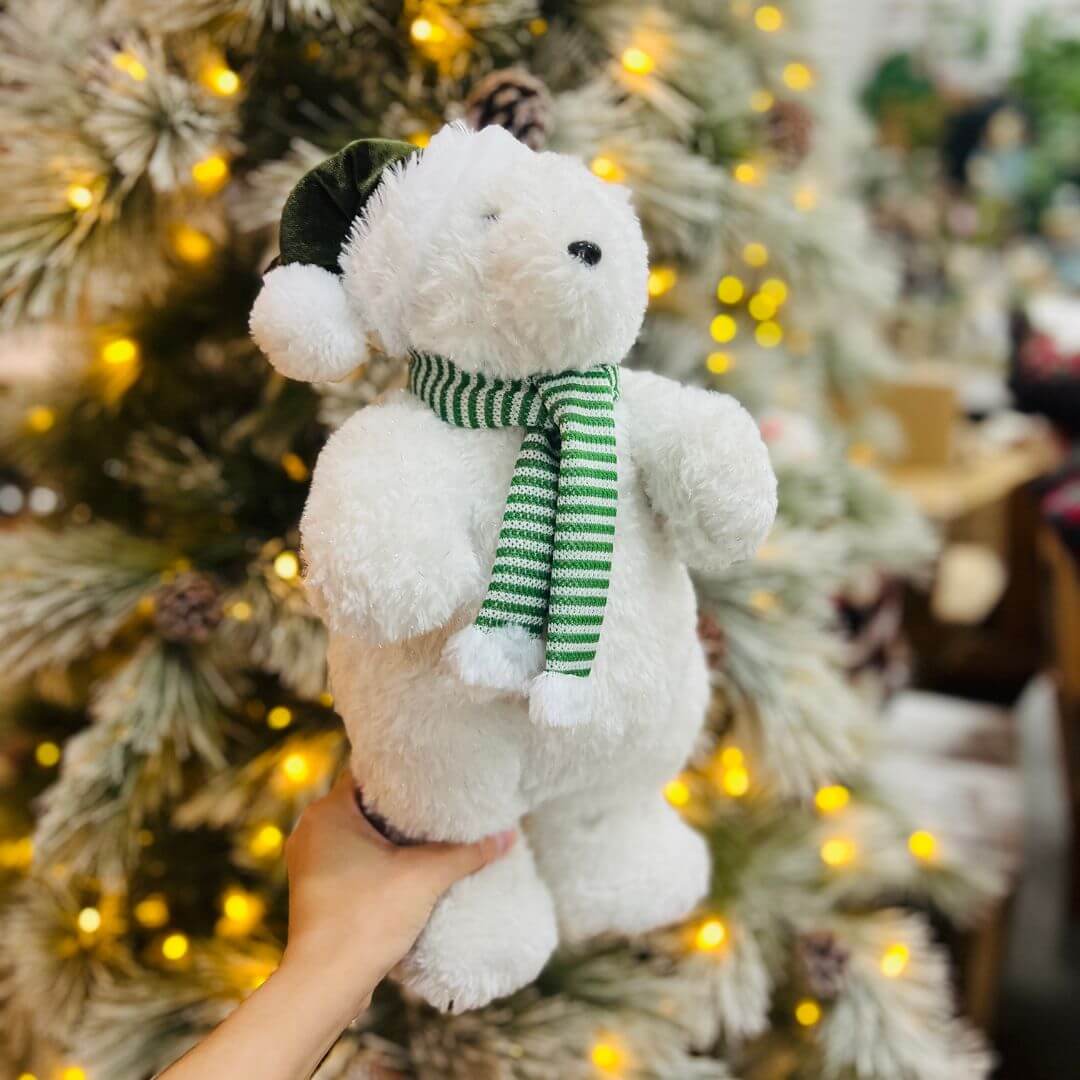 Urso Polar Natalino Em Pé Branco e Verde 38x20cm