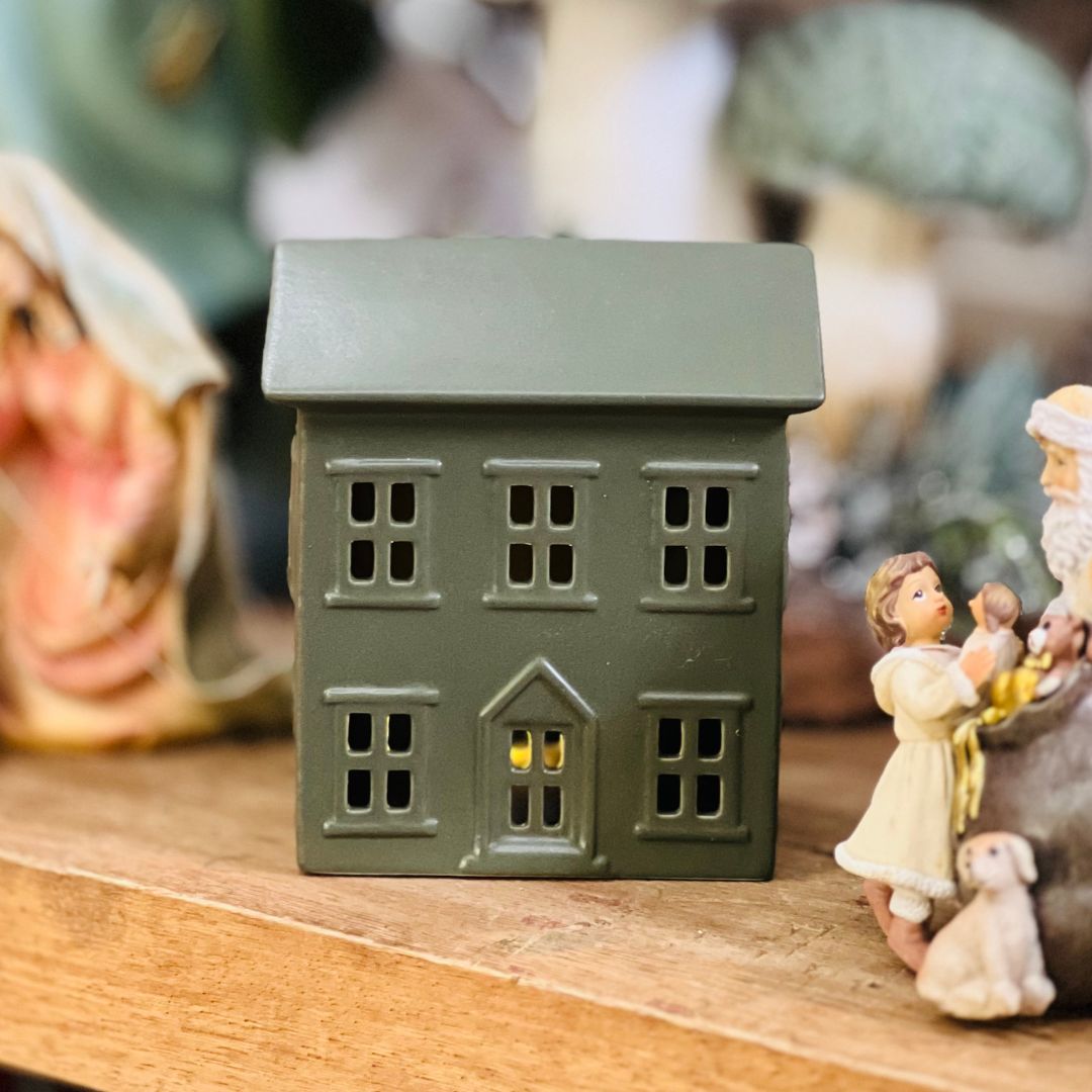 Casa de Cerâmica Verde Com Led - 12x9,5x6cm