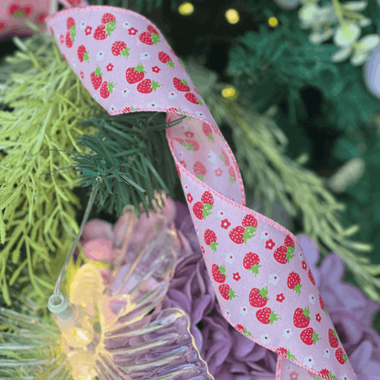 Fita Decorativa Aramada Morangos Rosa e Vermelho 6,3cm x 9,14m
