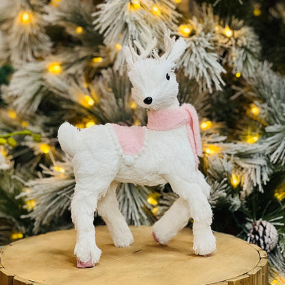 Rena de Natal Branco e Rosa Em Pé de Sisal 34cm