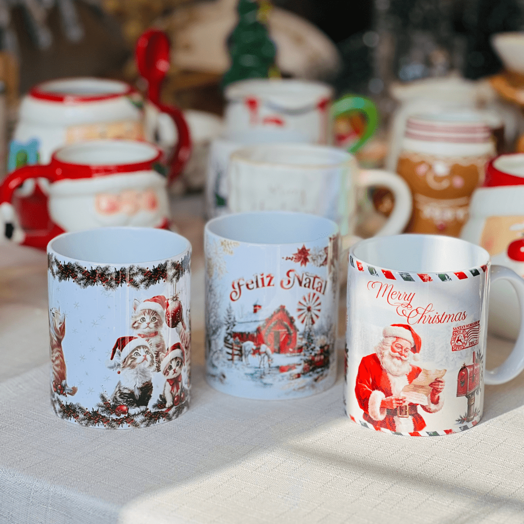 Caneca Gatinhos Natalinos de Porcelana 300ml