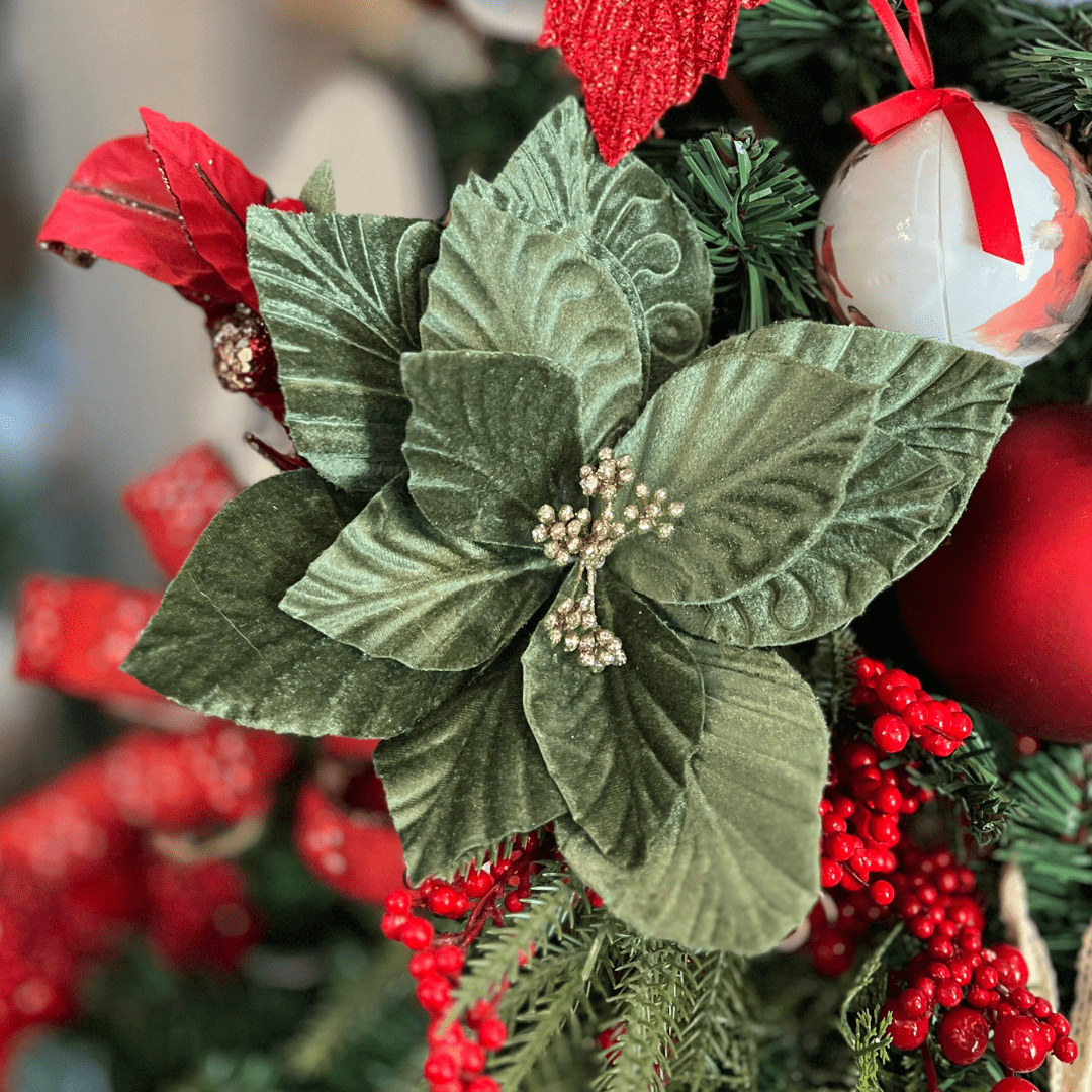 Flor Natalina Poinsetia Aveludada Verde 20x20cm