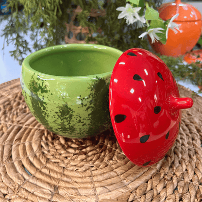 Pote Melancia Com Tampa Tutti-frutti de Cerâmica 730ml - 15x13cm