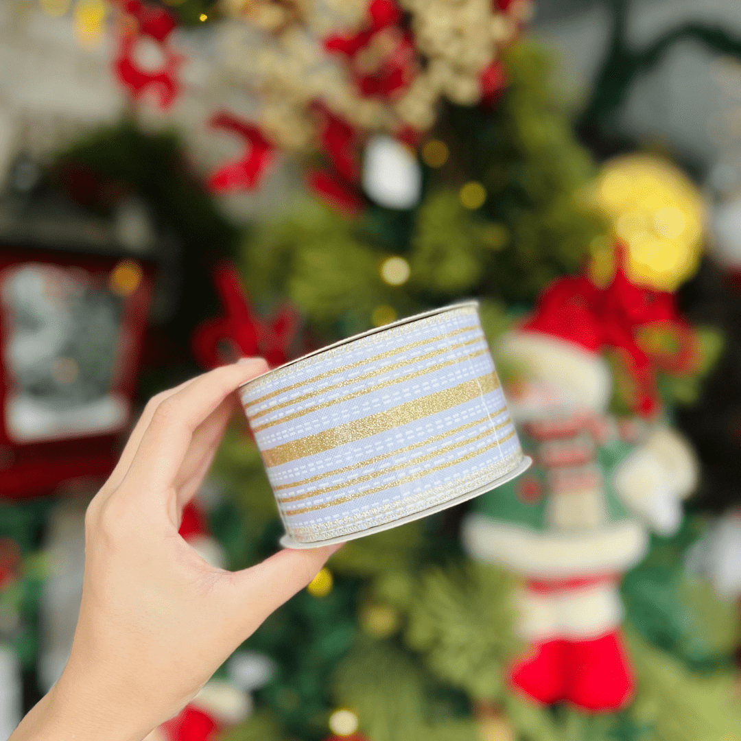 Fita Aramada Branco e Dourado Com Glitter 6,3cm x 9,14m