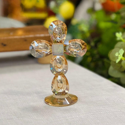 Crucifixo Ambar Em Cristal Lapidado Ornamental Com Base - 15 Cm
