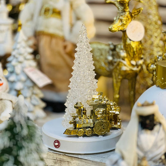 Árvore Rotativa Com Trem - Led, Som e Movimento Dourado- 32cm