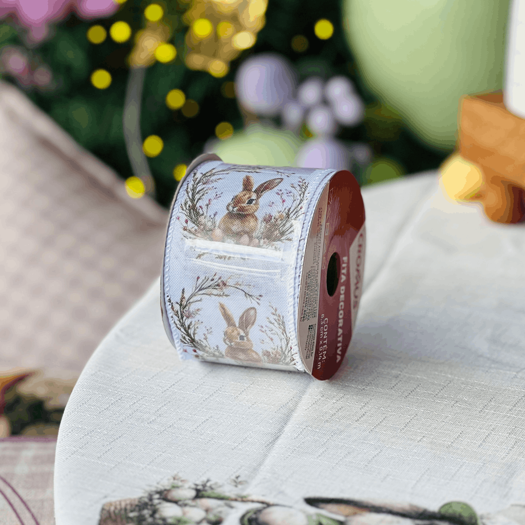 Fita de Páscoa Aramada Coelho Branca 6,3cm x 9,14m