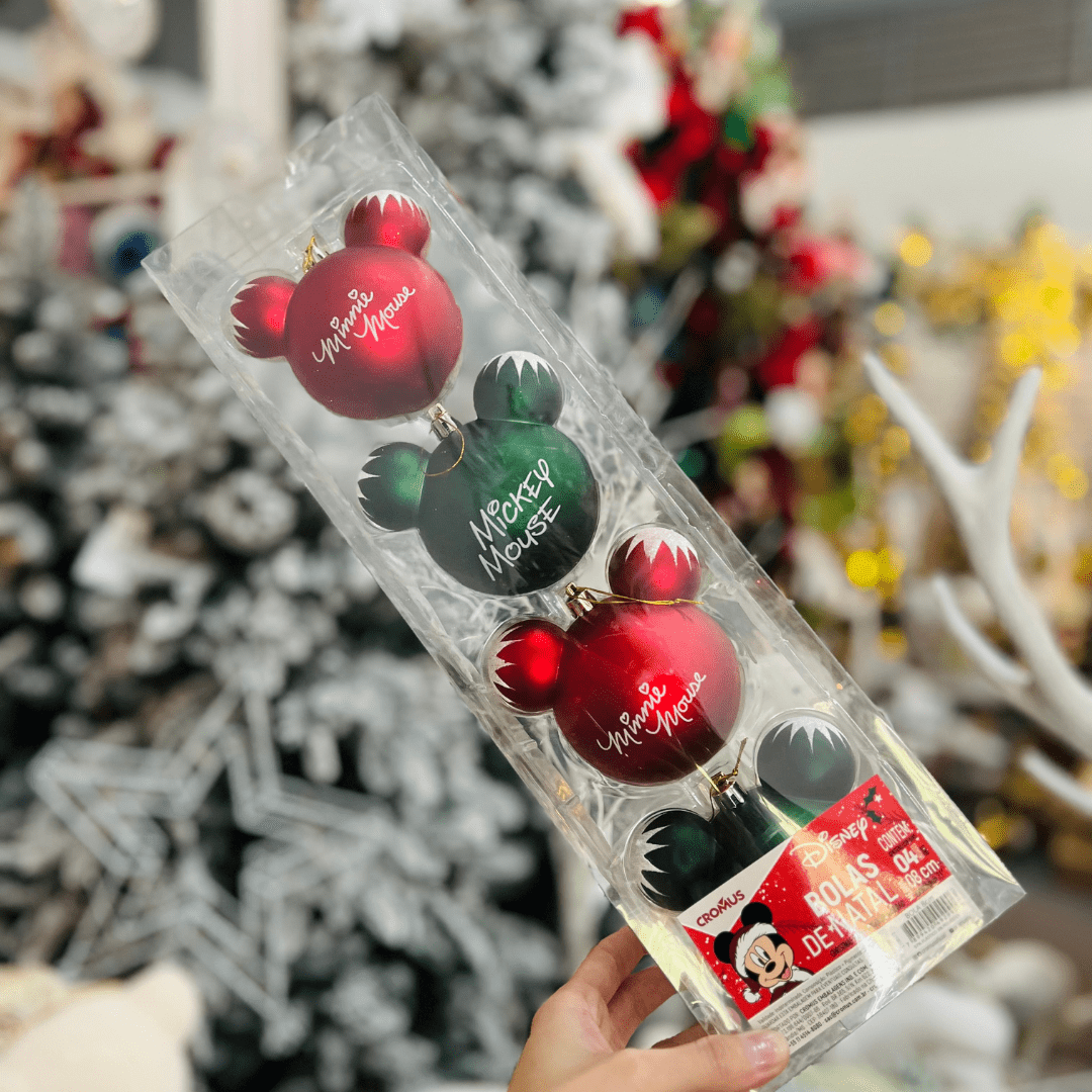 Jogo 4 Bolas Natalinas Assinatura Mickey e Minnie 8cm