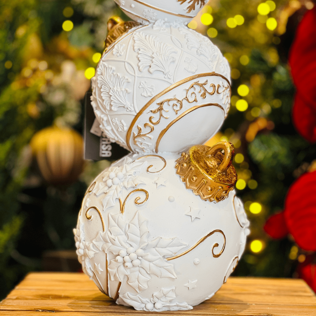 Torre de Bolas Branco e Dourado de Resina 40cm