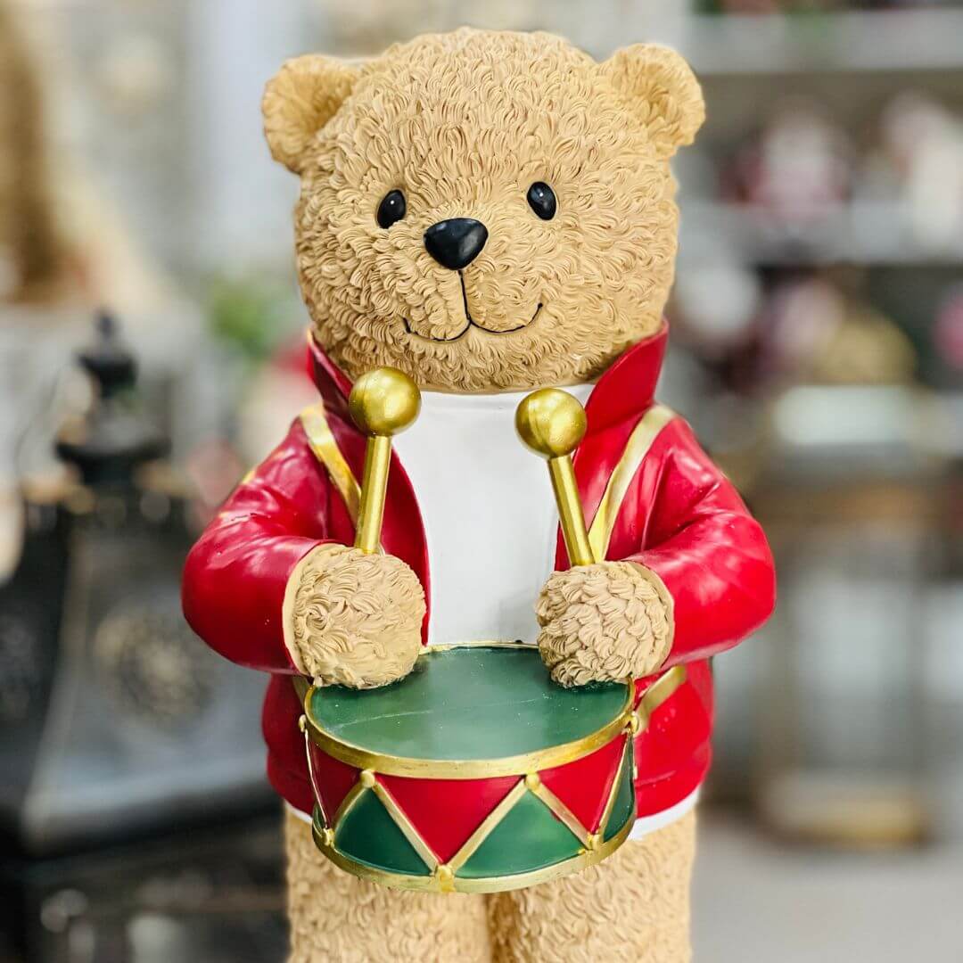 Resina Natal Urso Músico Com Tambor 43cmx23x22