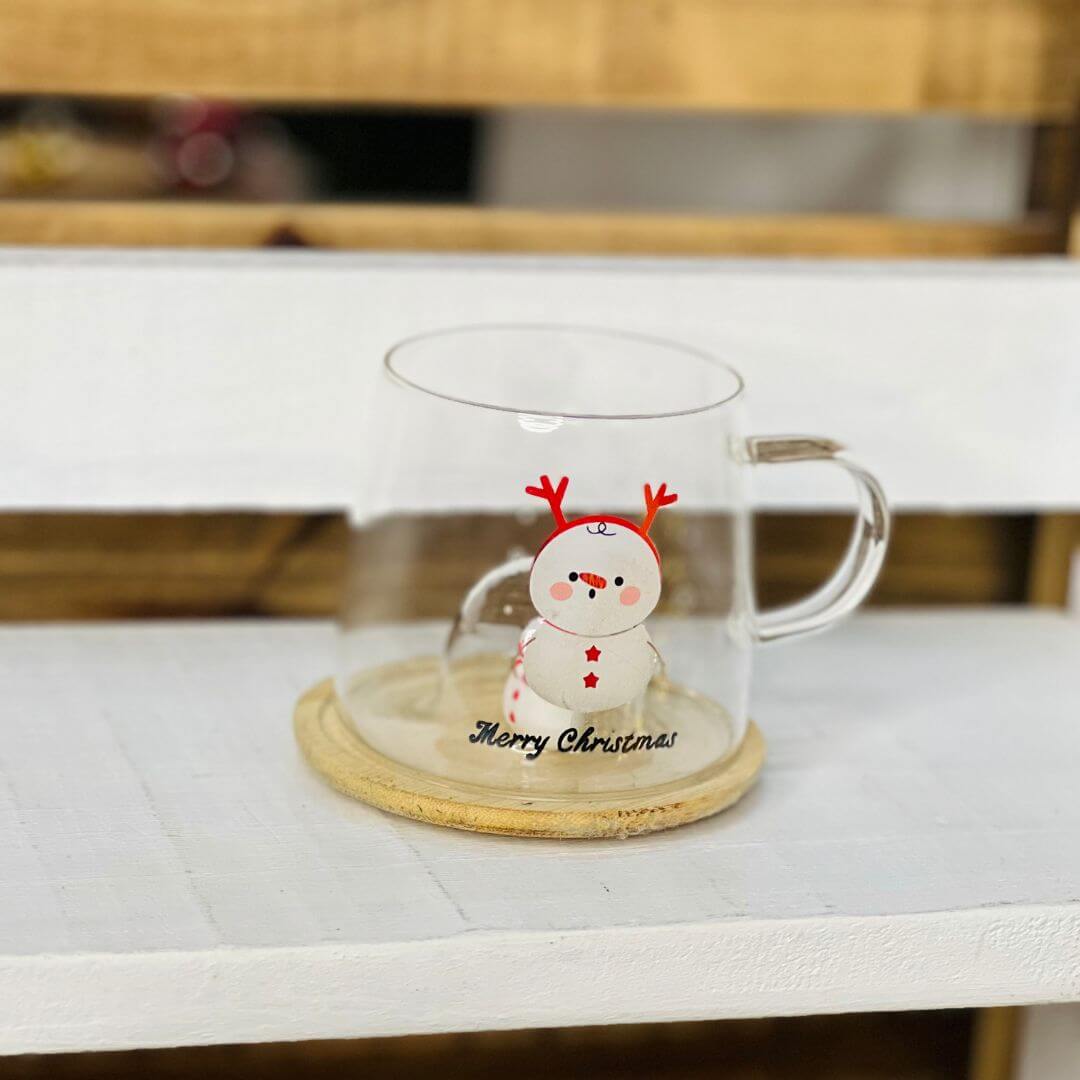 Xícara de Vidro com Tampa de Bambu Boneco de Neve
