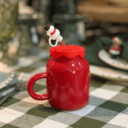 Caneca Natalina Boneco de Neve Vermelha Com Tampa e Canudo 420ml 18cm
