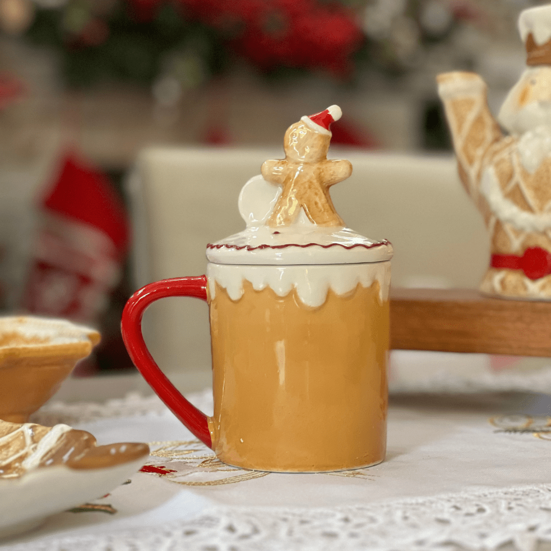Caneca Natalina Gingerbread Com Tampa de Cerâmica 17cm