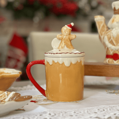 Caneca Natalina Gingerbread Com Tampa de Cerâmica 17cm