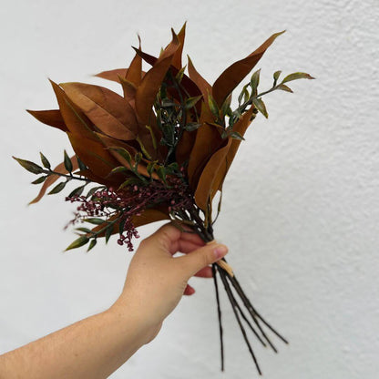 Ramalhete de Folhas Mistas com Fita 5 Hastes - Ocre Outono – 36cm