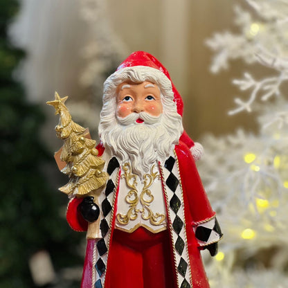 Papai Noel Com Pinheiro Dourado Resina - Alt 33 Cm