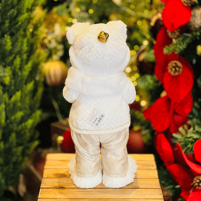 Urso Natalino  Em Pé Branco e Dourado de Sisal 47x23cm