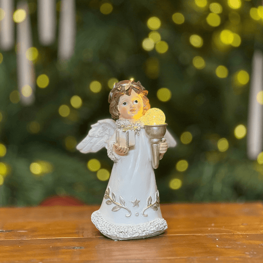 Anjo Natalino Branco de Resina Com Led 17,5x12x7cm