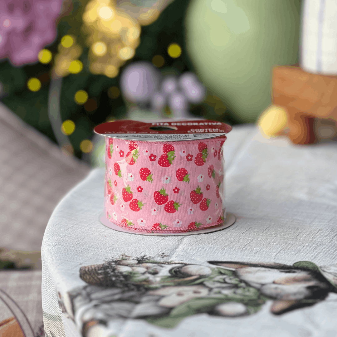 Fita Decorativa Aramada Morangos Rosa e Vermelho 6,3cm x 9,14m
