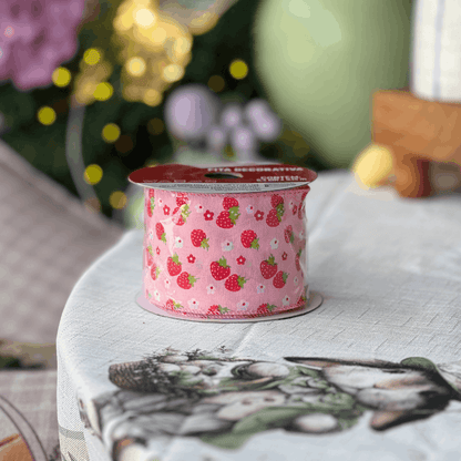 Fita Decorativa Aramada Morangos Rosa e Vermelho 6,3cm x 9,14m