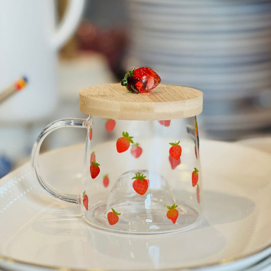 Caneca de Vidro Com Pires de Bambu Morango - 330ml