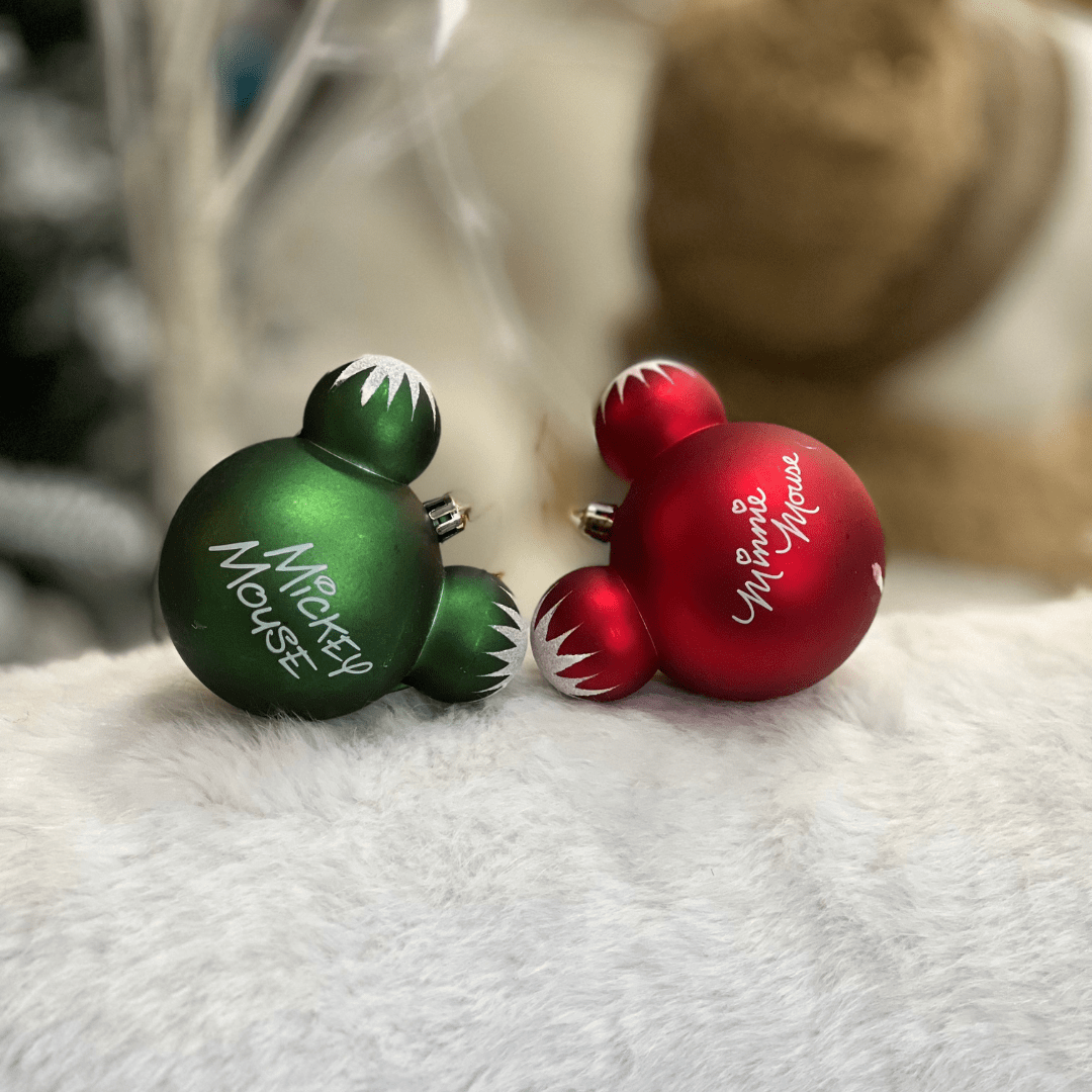 Jogo 4 Bolas Natalinas Assinatura Mickey e Minnie 8cm