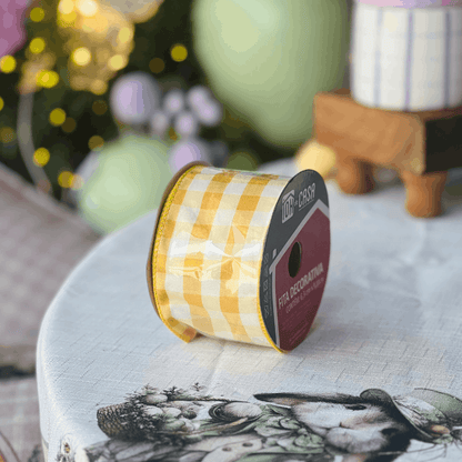 Fita Decorativa Aramada Xadrez Amarelo 6,3cm x 9,14m