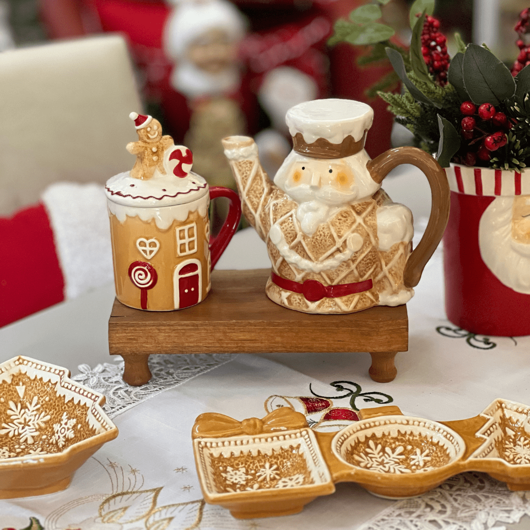 Bule Natalino Quebra Nozes Gingerbread de Cerâmica 20cm