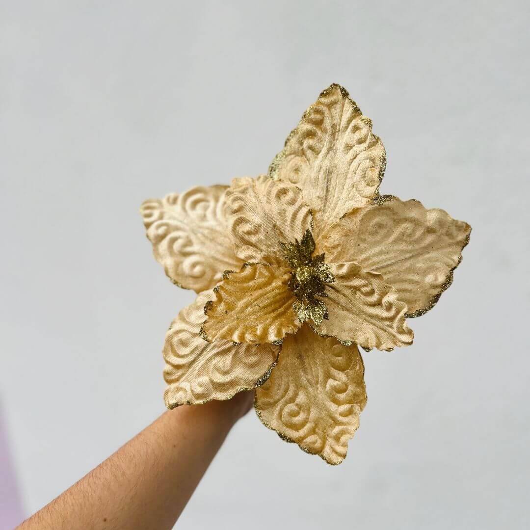 Flor Poinsettia Arabesco com Glitter Dourado – 30cm