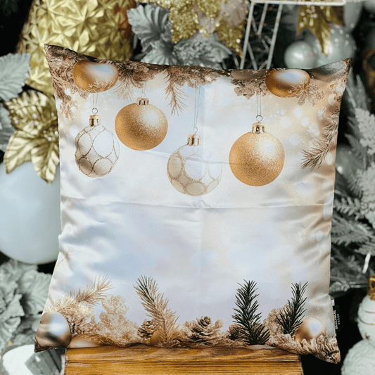 Capa de Almofada Natalina Bolas Dourado e Branco 43cm