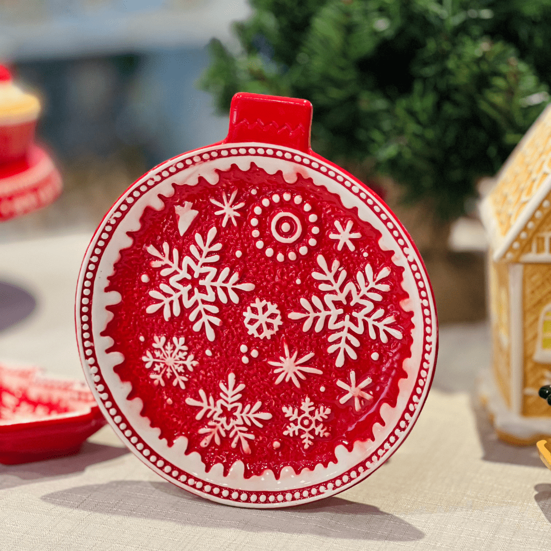 Travessa Flocos de Neve Vermelho de Cerâmica 21x24cm