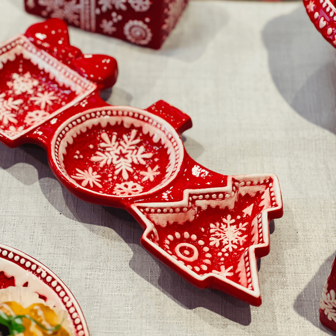 Petisqueira Natalina Flocos de Neve Vermelha de Cerâmica 34x15cm