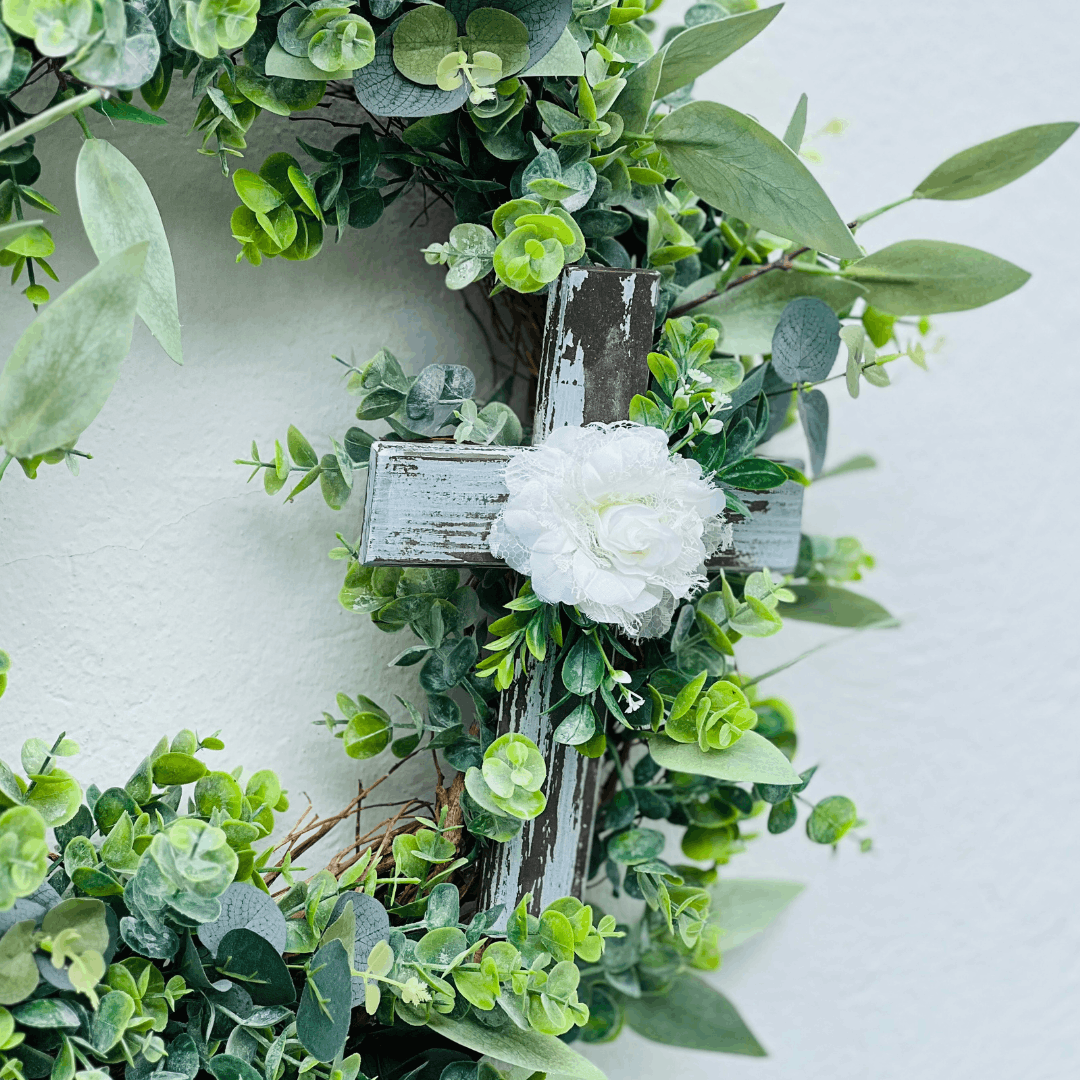 Guirlanda de Páscoa Verde Com Cruz 55cm - Artesanal