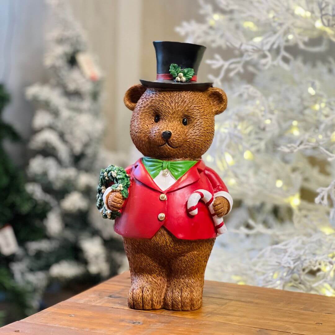 Urso Resina Com Guirlanda e Bengala - Alt 33 Cm