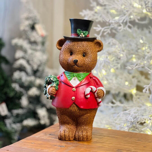 Urso Resina Com Guirlanda e Bengala - Alt 33 Cm