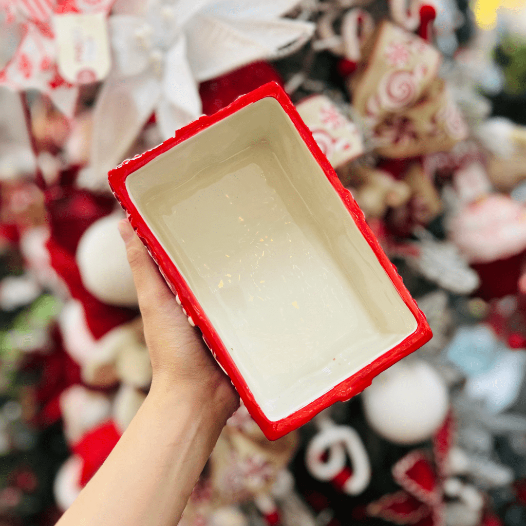 Pote Natalino Presente Vermelho e Branco de Cerâmica 18x13x15cm