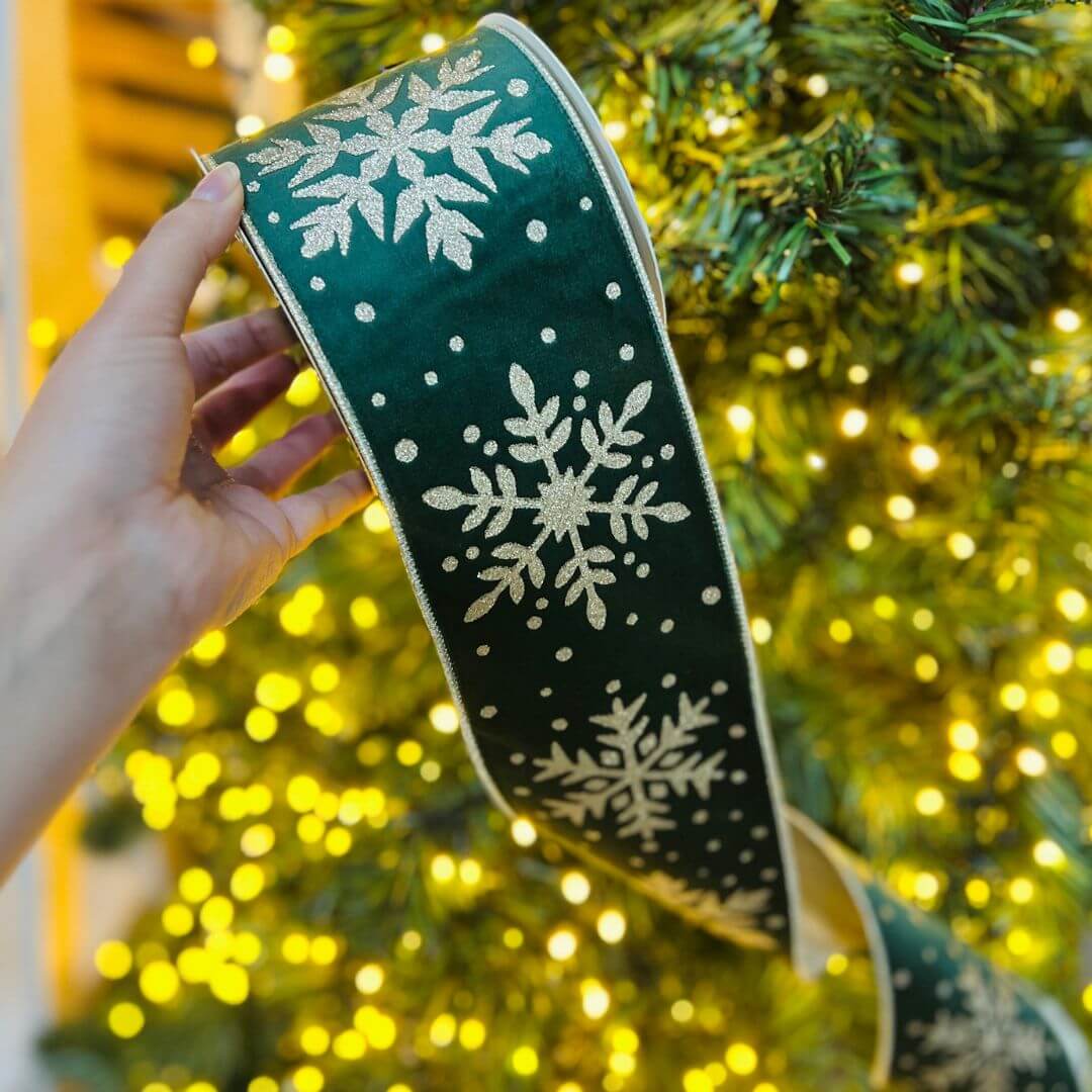 Fita Aramada Verde com Floco de Neve e Glitter – 10cm