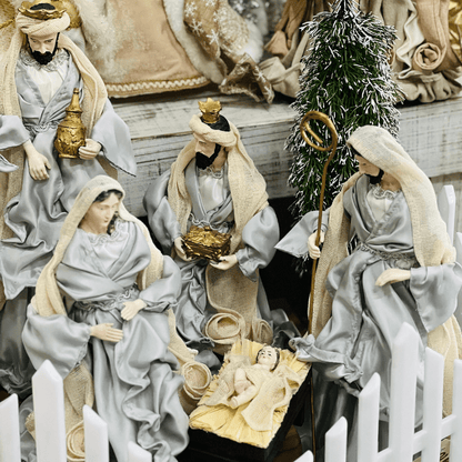 Presépio Natalino Plus Grande Azul e Bege de Resina 40cm 6 Peças