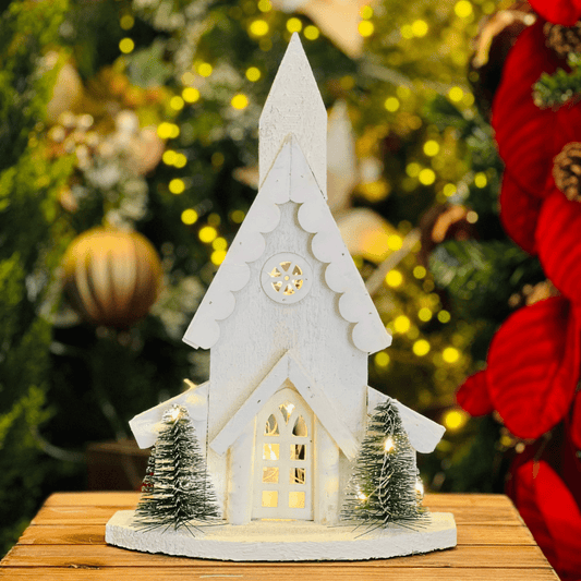 Casa Natalina Branca Com Led de Madeira 30x21x10cm