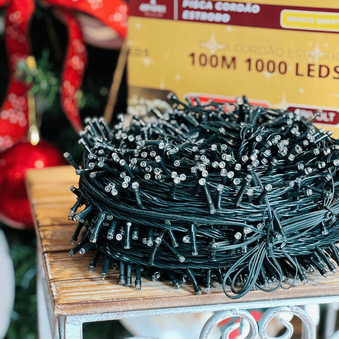 Pisca-pisca Led Estrobo Fio Verde 1000 Leds Branco Quente 100m