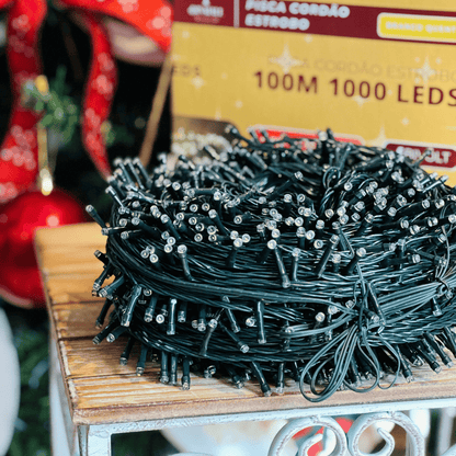 Pisca-pisca Led Estrobo Fio Verde 1000 Leds Branco Quente 100m