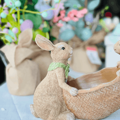 Coelhos Com Cesto Chocolate de Resina 25cm